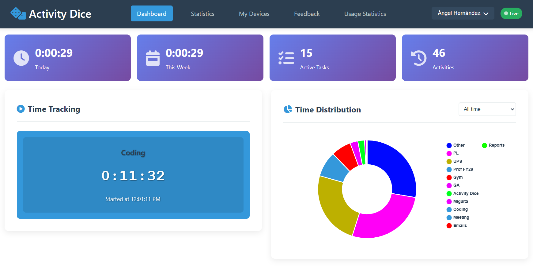 Activity Dice Web Platform Dashboard